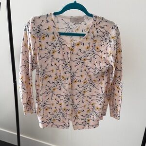 LOFT Pink Cardigan with Yellow and Blue Floral Design